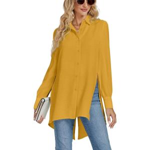 imageLYANER Womens Collar V Neck Split Hem Button Down Long Sleeve Long Shirt Blouse Tunic TopGinger