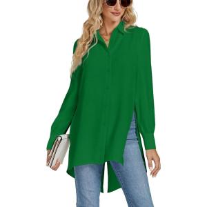 imageLYANER Womens Collar V Neck Split Hem Button Down Long Sleeve Long Shirt Blouse Tunic TopGreen