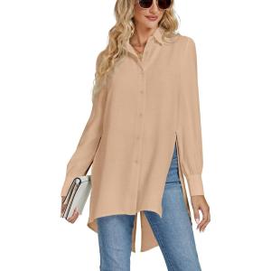 imageLYANER Womens Collar V Neck Split Hem Button Down Long Sleeve Long Shirt Blouse Tunic TopKhaki
