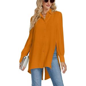 imageLYANER Womens Collar V Neck Split Hem Button Down Long Sleeve Long Shirt Blouse Tunic TopOrange