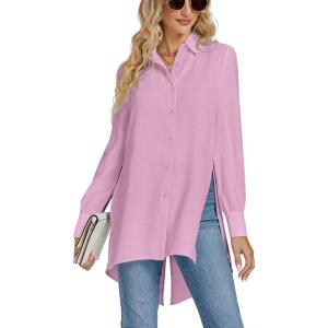 imageLYANER Womens Collar V Neck Split Hem Button Down Long Sleeve Long Shirt Blouse Tunic TopPink