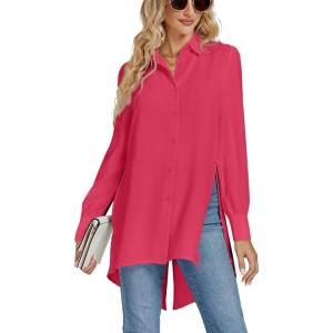 imageLYANER Womens Collar V Neck Split Hem Button Down Long Sleeve Long Shirt Blouse Tunic TopRose