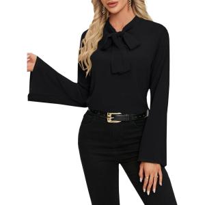 imageLYANER Womens Elegant Bow Tie Mock Neck Bell Long Sleeve Blouse Shirts TopBlack