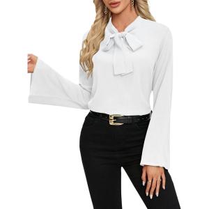 imageLYANER Womens Elegant Bow Tie Mock Neck Bell Long Sleeve Blouse Shirts TopWhite