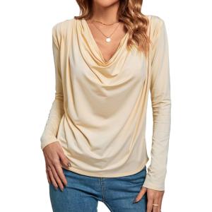 imageLYANER Womens Loose Cowl Neck Ruched Stretch Long Sleeve Blouse Shirt TopBeige