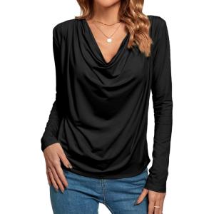 imageLYANER Womens Loose Cowl Neck Ruched Stretch Long Sleeve Blouse Shirt TopBlack