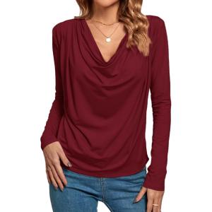 imageLYANER Womens Loose Cowl Neck Ruched Stretch Long Sleeve Blouse Shirt TopBurgundy