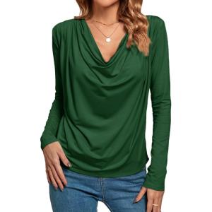 imageLYANER Womens Loose Cowl Neck Ruched Stretch Long Sleeve Blouse Shirt TopDark Green