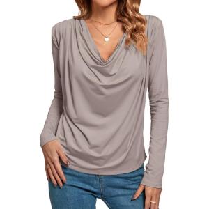 imageLYANER Womens Loose Cowl Neck Ruched Stretch Long Sleeve Blouse Shirt TopGrey