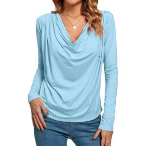 imageLYANER Womens Loose Cowl Neck Ruched Stretch Long Sleeve Blouse Shirt TopLight Blue