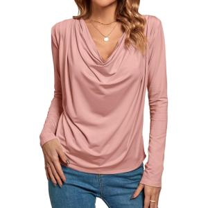imageLYANER Womens Loose Cowl Neck Ruched Stretch Long Sleeve Blouse Shirt TopPink