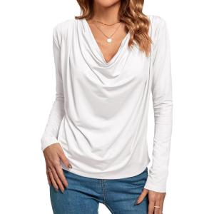 imageLYANER Womens Loose Cowl Neck Ruched Stretch Long Sleeve Blouse Shirt TopWhite