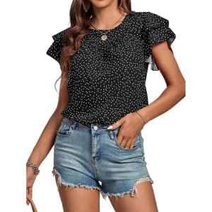 imageLYANER Womens Polka Dots Scoop Neck Layer Ruffle Trim Short Sleeve Blouse Shirt TopBlack