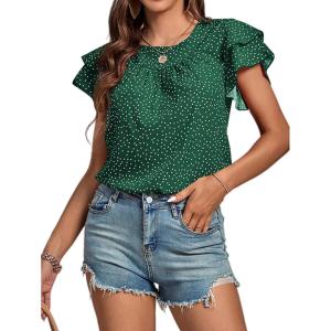 imageLYANER Womens Polka Dots Scoop Neck Layer Ruffle Trim Short Sleeve Blouse Shirt TopDark Green