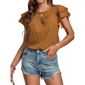 imageLYANER Womens Polka Dots Scoop Neck Layer Ruffle Trim Short Sleeve Blouse Shirt TopGinger
