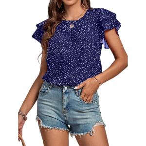 imageLYANER Womens Polka Dots Scoop Neck Layer Ruffle Trim Short Sleeve Blouse Shirt TopNavy