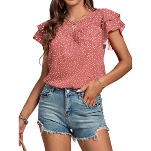 imageLYANER Womens Polka Dots Scoop Neck Layer Ruffle Trim Short Sleeve Blouse Shirt TopPink