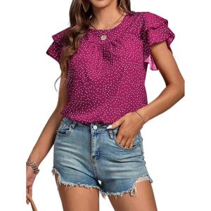 imageLYANER Womens Polka Dots Scoop Neck Layer Ruffle Trim Short Sleeve Blouse Shirt TopPurple