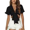 imageLYANER Womens Deep V Neck Tie Front Knot Ruffle Short Sleeve Crop Top Club BlouseBlack