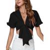 imageLYANER Womens Deep V Neck Tie Front Knot Ruffle Short Sleeve Crop Top Club BlouseBlack
