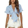 imageLYANER Womens Deep V Neck Tie Front Knot Ruffle Short Sleeve Crop Top Club BlouseLight Blue