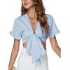 imageLYANER Womens Deep V Neck Tie Front Knot Ruffle Short Sleeve Crop Top Club BlouseLight Blue