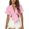 imageLYANER Womens Deep V Neck Tie Front Knot Ruffle Short Sleeve Crop Top Club BlouseLight Pink