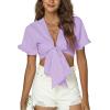 imageLYANER Womens Deep V Neck Tie Front Knot Ruffle Short Sleeve Crop Top Club BlouseLight Purple