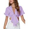 imageLYANER Womens Deep V Neck Tie Front Knot Ruffle Short Sleeve Crop Top Club BlouseLight Purple