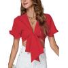 imageLYANER Womens Deep V Neck Tie Front Knot Ruffle Short Sleeve Crop Top Club BlouseRed