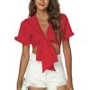 imageLYANER Womens Deep V Neck Tie Front Knot Ruffle Short Sleeve Crop Top Club BlouseRed