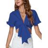 imageLYANER Womens Deep V Neck Tie Front Knot Ruffle Short Sleeve Crop Top Club BlouseRoyal Blue
