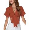 imageLYANER Womens Deep V Neck Tie Front Knot Ruffle Short Sleeve Crop Top Club BlouseRust Brown