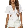 imageLYANER Womens Deep V Neck Tie Front Knot Ruffle Short Sleeve Crop Top Club BlouseWhite