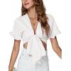 imageLYANER Womens Deep V Neck Tie Front Knot Ruffle Short Sleeve Crop Top Club BlouseWhite