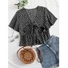 imageLYANER Womens Floral Print V Neck Tie Knot Ruffle Hem Short Sleeve Blouse Peplum TopBlack