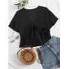imageLYANER Womens Floral Print V Neck Tie Knot Ruffle Hem Short Sleeve Blouse Peplum TopBlack Solid