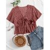 imageLYANER Womens Floral Print V Neck Tie Knot Ruffle Hem Short Sleeve Blouse Peplum TopRed