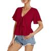 imageLYANER Womens Floral Print V Neck Tie Knot Ruffle Hem Short Sleeve Blouse Peplum TopRed Solid