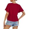imageLYANER Womens Floral Print V Neck Tie Knot Ruffle Hem Short Sleeve Blouse Peplum TopRed Solid