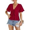 imageLYANER Womens Floral Print V Neck Tie Knot Ruffle Hem Short Sleeve Blouse Peplum TopRed Solid