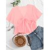imageLYANER Womens Floral Print V Neck Tie Knot Ruffle Hem Short Sleeve Blouse Peplum TopSolid Pink
