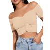 imageLYANER Womens Off Shoulder Ruched Short Sleeve Rib Knit Sexy Crop Top BlouseBeige