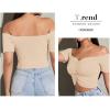 imageLYANER Womens Off Shoulder Ruched Short Sleeve Rib Knit Sexy Crop Top BlouseBeige