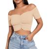 imageLYANER Womens Off Shoulder Ruched Short Sleeve Rib Knit Sexy Crop Top BlouseBeige