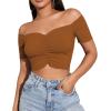 imageLYANER Womens Off Shoulder Ruched Short Sleeve Rib Knit Sexy Crop Top BlouseBrown