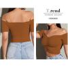 imageLYANER Womens Off Shoulder Ruched Short Sleeve Rib Knit Sexy Crop Top BlouseBrown