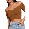 imageLYANER Womens Off Shoulder Ruched Short Sleeve Rib Knit Sexy Crop Top BlouseBrown