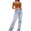 imageLYANER Womens Off Shoulder Ruched Short Sleeve Rib Knit Sexy Crop Top BlouseBrown