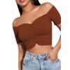 imageLYANER Womens Off Shoulder Ruched Short Sleeve Rib Knit Sexy Crop Top BlouseCaramel